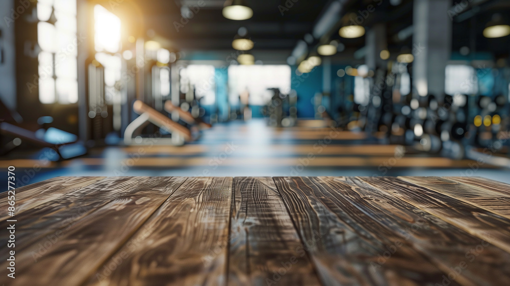 Wood table top with a modern gym interior, featuring a blurred background of workout equipment, people exercising, and large mirrors, with dynamic lighting and a vibrant atmosphere. Wood table top with a modern gym interior, featuring a blurred background of workout equipment, people exercising, and large mirrors, with dynamic lighting and a vibrant atmosphere.