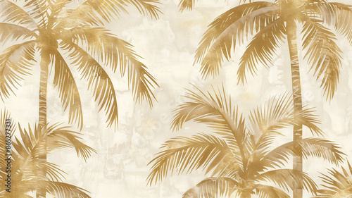 A soft beige and gold palm tree pattern wallpaper, with each palm tree outlined in shimmering metallic foil for a tropical touch. The design captures the essence of a beach paradise, providing a relax