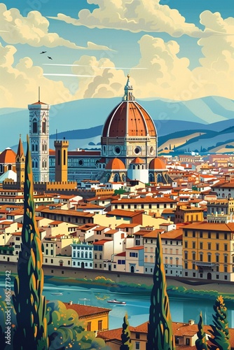 Colorful Illustrated Poster of Florence, Italy