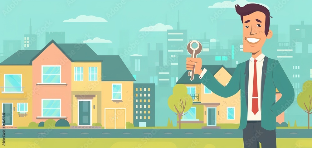 real estate agent holding house icon and key real estate agent holding house icon and key