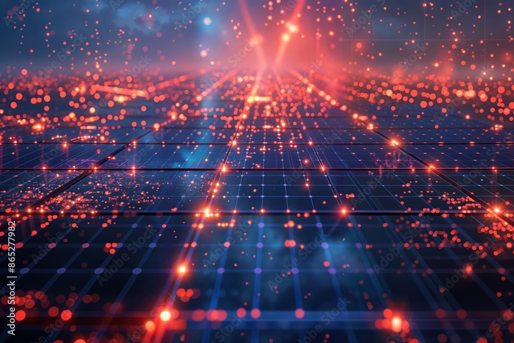 Fototapeta premium Vivid futuristic digital landscape with glowing red and blue lights, symbolizing data flow, technology, and cyber networks in a high-tech environment.