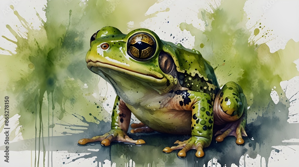 Fototapeta premium Green Frog Watercolor artwork with a twist Standing out a white background.generative.ai