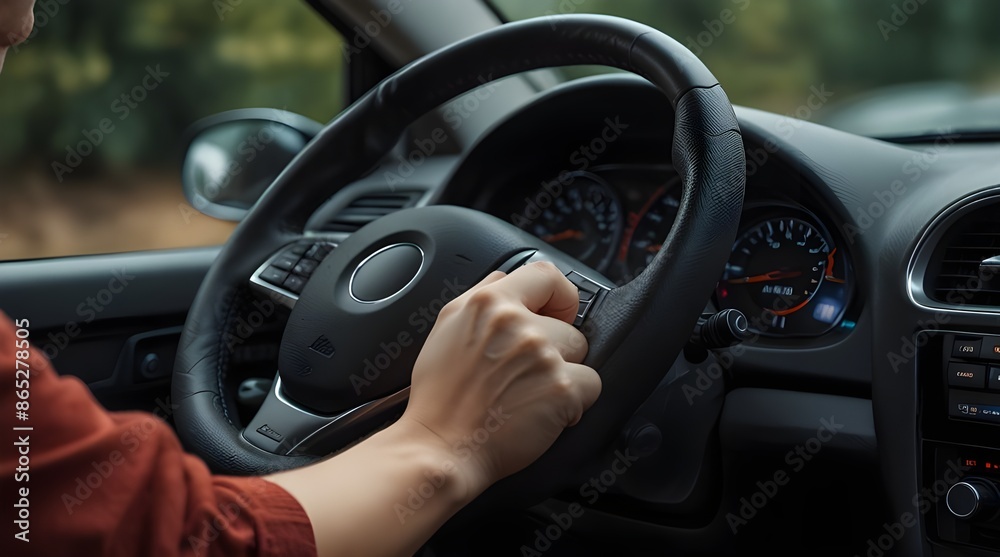 Hand holding the steering wheel Generic car panel Driver.generative.ai
