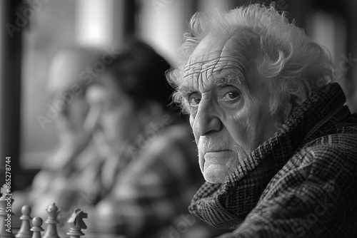 Elderly Man Playing Chess in Black And White Photograph © denklim
