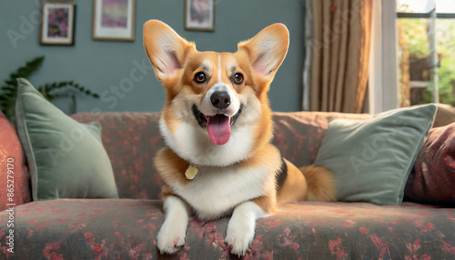 Cute Welsh corgi puppy lying on the couch in living room. Portrait dog on comfortable sofa at home