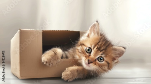 A cute kitten is peeking out of a cardboard box. The kitten is fluffy and has big green eyes. It is looking at the camera with a curious expression.