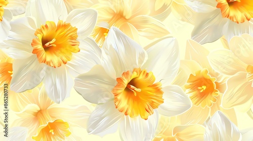 A beautiful seamless pattern with a floral motif. Delicate white and yellow daffodils on a light yellow background. The image is very gentle and airy. © Farm