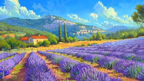 A beautiful landscape of a lavender field in Provence, France. The lavender is in full bloom and the air is filled with its sweet scent. photo