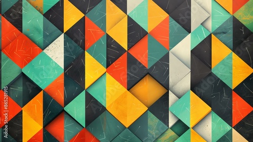 Retro and vintage style geometric pattern. Colorful geometric shapes with a retro color palette. Grunge texture with distressed edges.