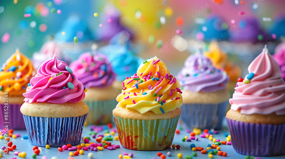 A delightful array of colorful happy birthday cupcakes arranged on a festive table, each one adorned with vibrant frosting and cheerful sprinkles, ready to bring joy to any celebration. Keywords