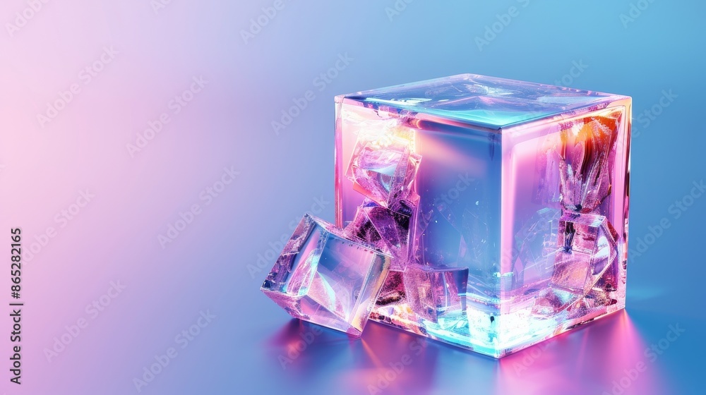 3D holographic abstract cube and crystal blocks isolated on blue background. Holographic textures. 3D holographic abstract cube and crystal blocks isolated on blue background. Holographic textures.