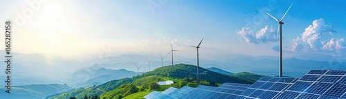 Panoramic view of wind turbines and solar panels on lush green hills, showcasing renewable energy sources under a bright blue sky.