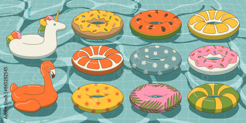 Cartoon swimming float ring. Funny flamingo, unicorn, watermelon, donut, lemon, tropical, daisy, striped rings. Summer swimming pool toys isolated in a flat style