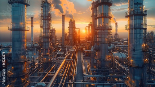 A sprawling chemical plant at dusk, with towering silver distillation columns, a maze of pipes, and large storage tanks. Smoke gently rises from the stacks against a fading orange sky. Generative AI. © visoot