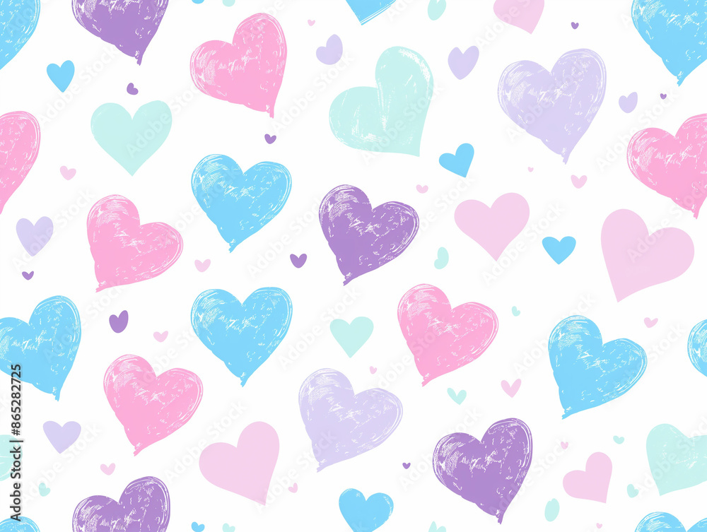 A seamless pattern of cute pastel pink, blue and purple hearts on a ...