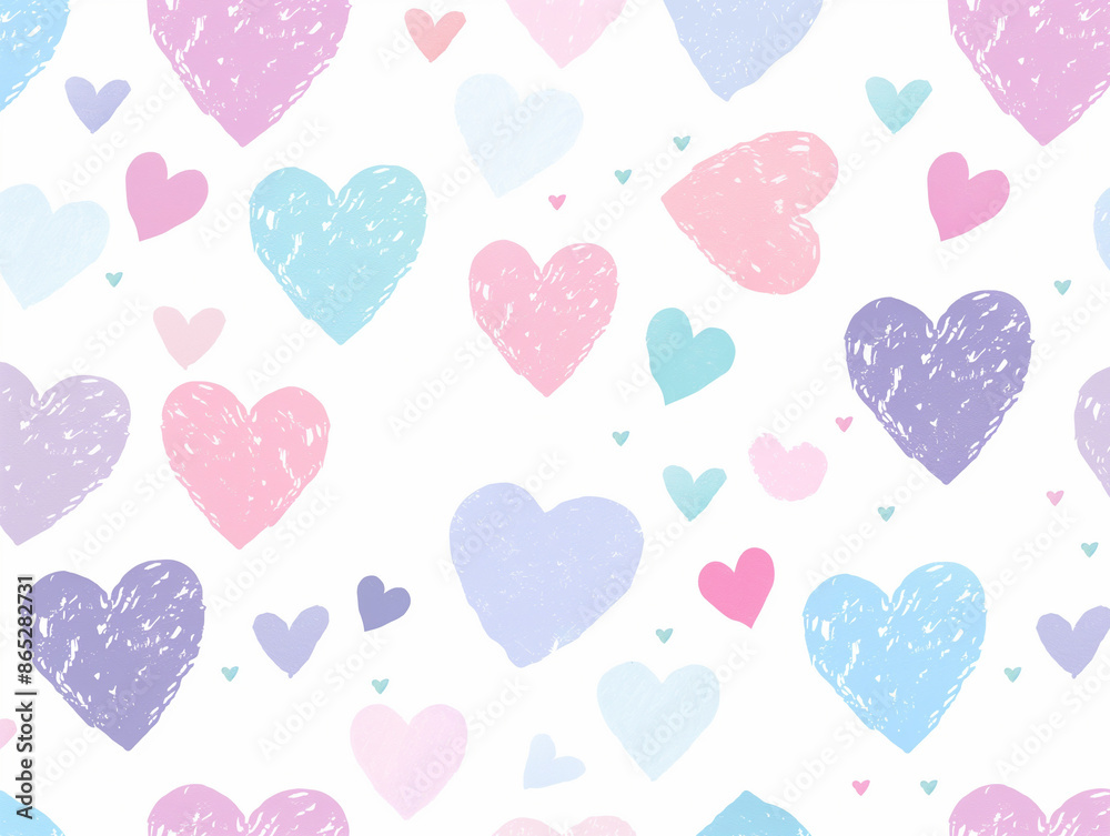 A seamless pattern of cute pastel pink, blue and purple hearts on a ...