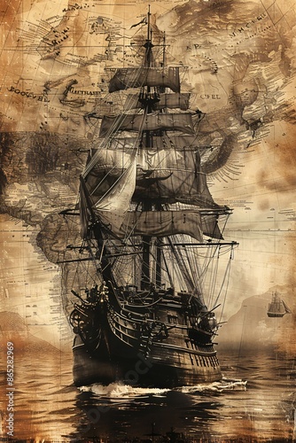 Pirate ship on an ancient navigation map pattern on old paper texture , old fantasy vintage world map background, wallpaper