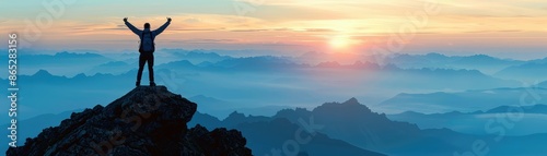 A triumphant hiker stands on a mountain peak, arms raised in victory, as the sun rises over a breathtaking, mist-covered mountain range. photo