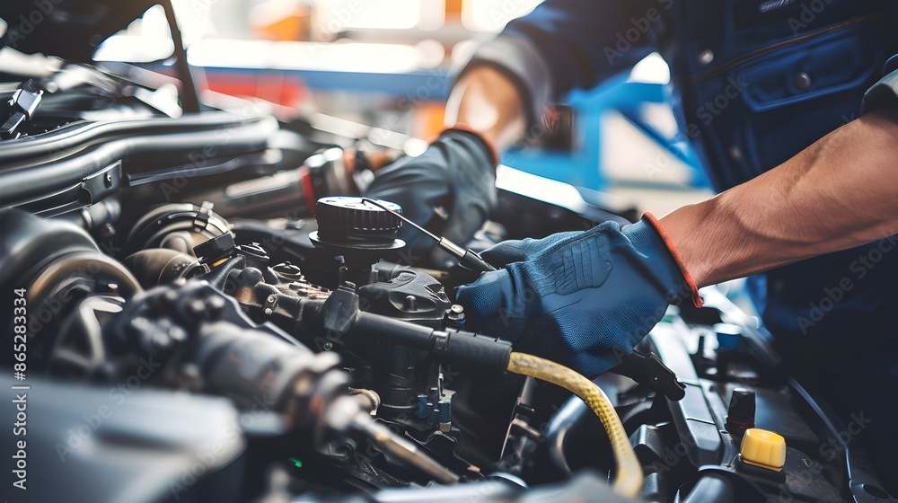 Mechanic Examining Car Engine with Diagnostic Tools for Automotive Maintenance Mechanic Examining Car Engine with Diagnostic Tools for Automotive Maintenance