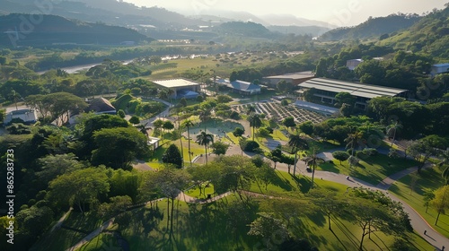 a large park with a lot of trees and buildings in the background