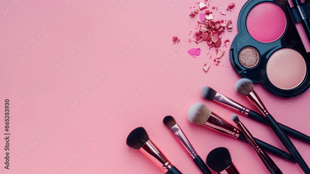 a pink background with makeup brushes and powders on it a pink background with makeup brushes and powders on it