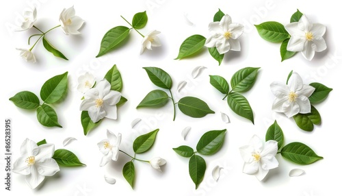 Banner design featuring elegant jasmine flowers and green leaves atop a white backdrop