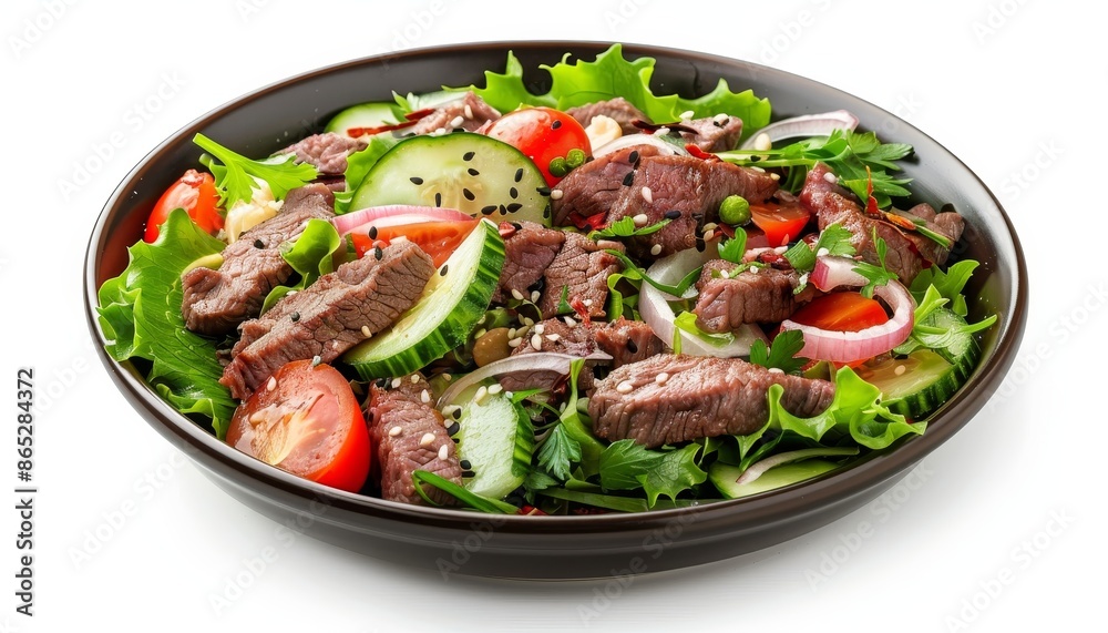 Beef salad with sesame and veggies on a white background Beef salad with sesame and veggies on a white background
