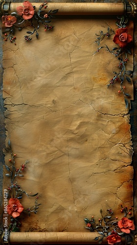 worn blank old paper scroll parchment texture , golden ornaments and old fantasy vintage border on wooden table background, wallpaper