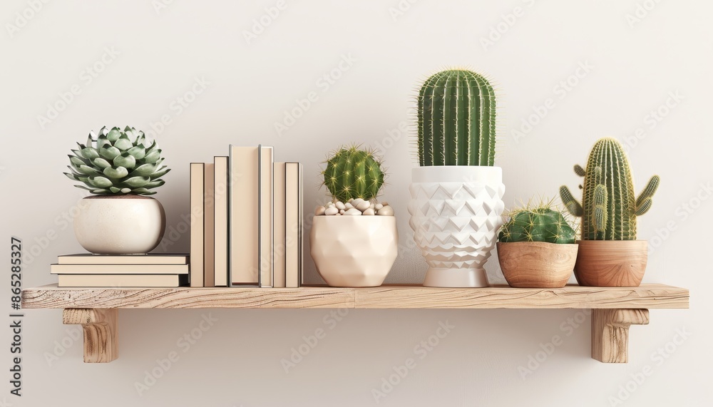 Books and decorative cactuses on light wall situated on a wooden shelf Books and decorative cactuses on light wall situated on a wooden shelf