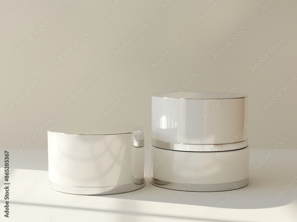 This 3D render shows a white cylinder podium and a silver product display This 3D render shows a white cylinder podium and a silver product display