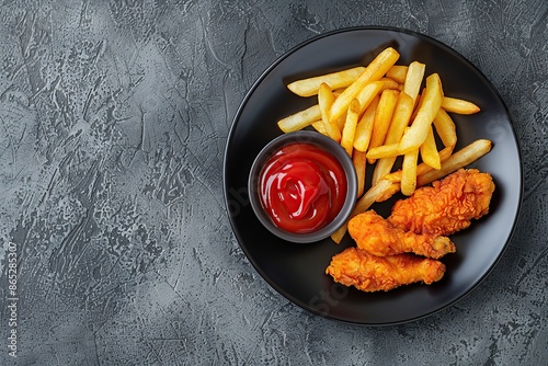 BBQ fried chicken nuggets with tomato, sour sauce. Top view of tasty hot nuggets served with ketchup on gray background. Golden deep-fried battered crispy nuggets with french fries. Potato chips pile photo