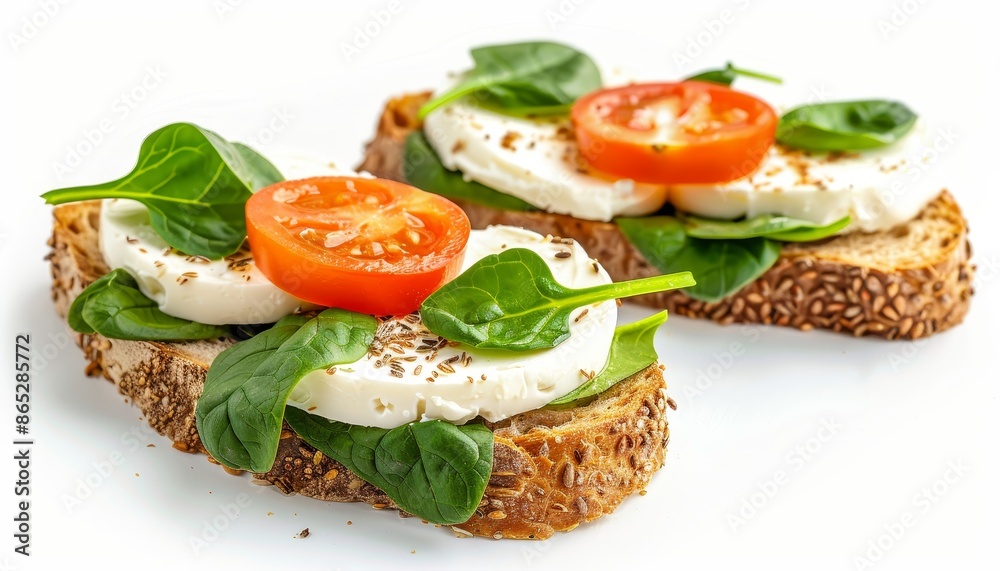 Bruschetta with cream cheese sliced cheese and spinach on grain crispbread Bruschetta with cream cheese sliced cheese and spinach on grain crispbread