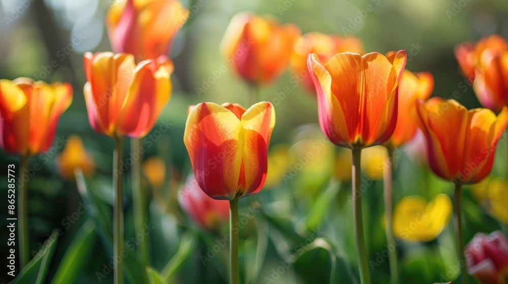 Vivid orange and yellow tulips blooming in spring garden Vivid orange and yellow tulips blooming in spring garden