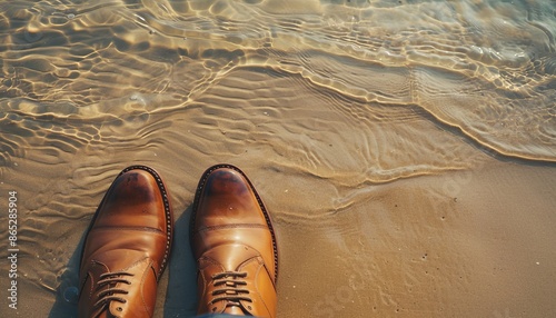 Businessman finding work life balance leaving shoes on sandy beach to walk into sea on sunny day