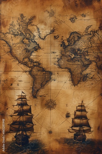 ancient navigation map pattern on old paper texture , old fantasy vintage world map background, wallpaper