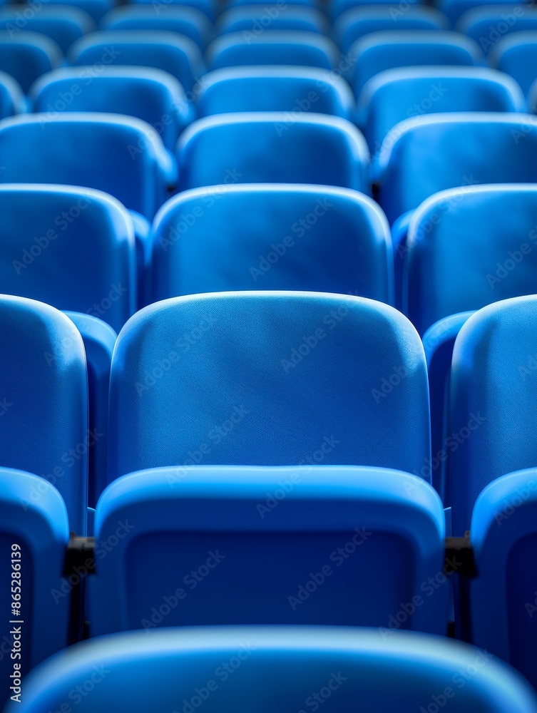 Obraz premium rows of blue plastic stadium seats in an empty auditorium.