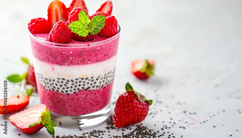 Chia pudding layers with pink filling on white background A nutritious breakfast idea Chia pudding layers with pink filling on white background A nutritious breakfast idea