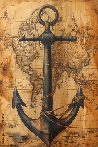 Ancient navigation anchor, old paper texture and old fantasy vintage border background, wallpaper