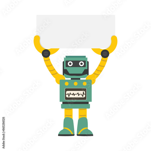 Funny green robot holding a whiteboard