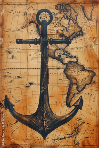 Ancient navigation anchor, old paper texture and old fantasy vintage border background, wallpaper