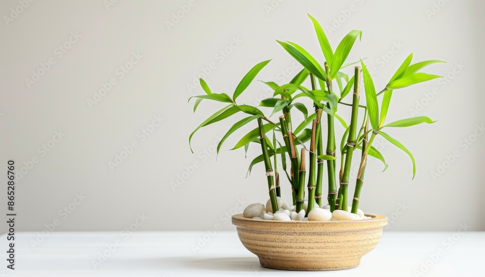 Close up of a small potted lucky bamboo plant isolated on a white background Close up of a small potted lucky bamboo plant isolated on a white background