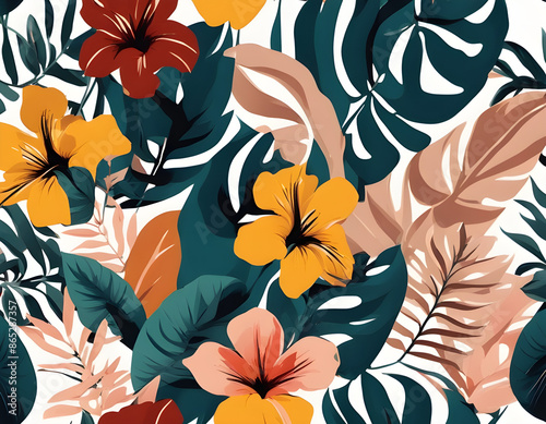 Abstract art seamless pattern with tropical leaves and flowers.