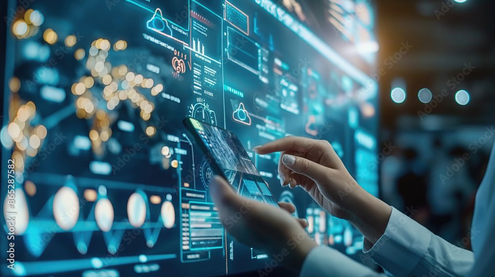 Hands using smartphone with holographic data interface. Futuristic technology, digital innovation background. Interactive display, data visualization. Hands using smartphone with holographic data interface. Futuristic technology, digital innovation background. Interactive display, data visualization.