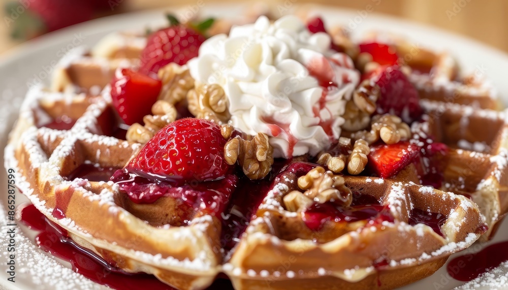 Close up view of whole wheat Belgium waffle with boysenberry syrup cream walnuts and fresh strawberries Close up view of whole wheat Belgium waffle with boysenberry syrup cream walnuts and fresh strawberries
