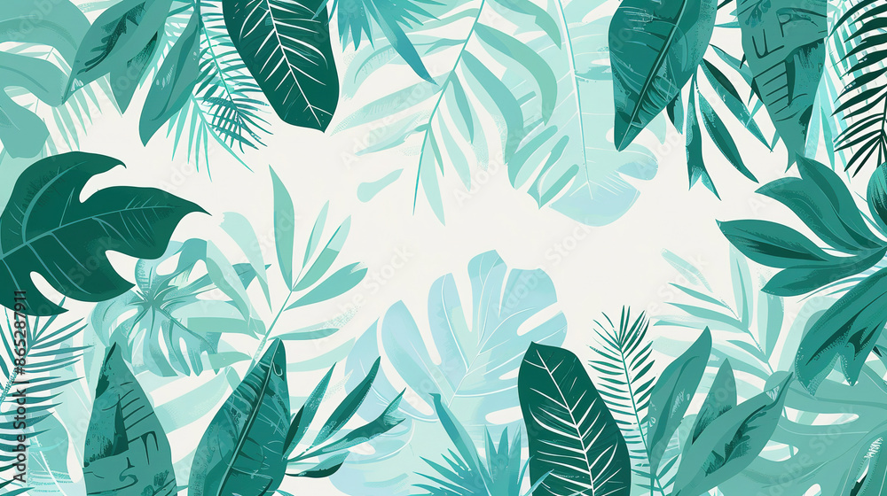 Abstract teal Summer Pattern With Copy Space for Text. Bright Tropical Leaves And Plants Abstract teal Summer Pattern With Copy Space for Text. Bright Tropical Leaves And Plants