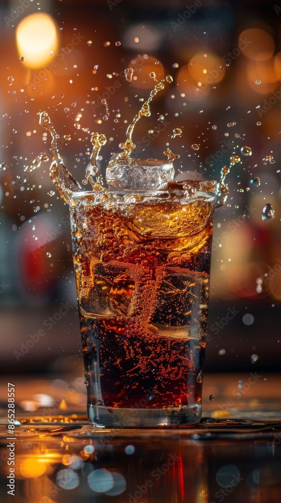 Glass containing a crimson-hued drink and ice cubes, resulting in a lively, splashing effect over the surface. Energetic, active refreshment Glass containing a crimson-hued drink and ice cubes, resulting in a lively, splashing effect over the surface. Energetic, active refreshment