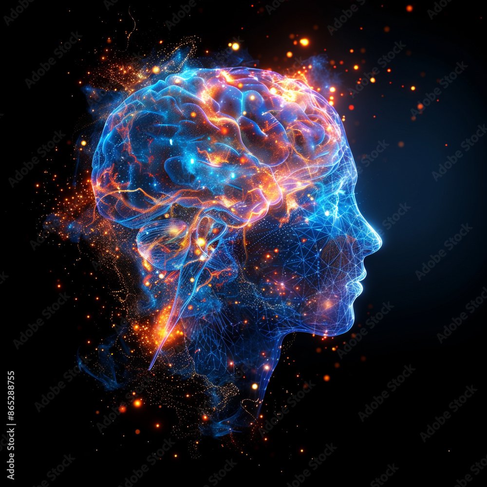 A brain with a face is shown in a blue and orange color scheme. The brain is surrounded by a galaxy of stars and the face is surrounded by a galaxy of fire A brain with a face is shown in a blue and orange color scheme. The brain is surrounded by a galaxy of stars and the face is surrounded by a galaxy of fire