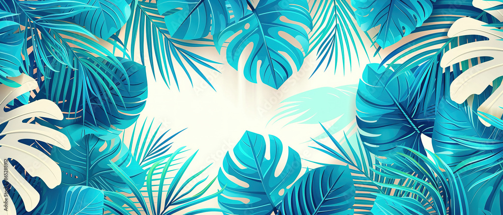 Abstract teal Summer Pattern With Copy Space for Text. Bright Tropical Leaves And Plants Abstract teal Summer Pattern With Copy Space for Text. Bright Tropical Leaves And Plants