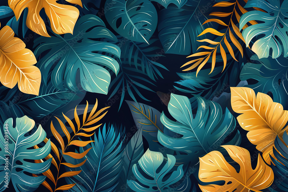 Abstract teal Summer Pattern With Copy Space for Text. Bright Tropical Leaves And Plants Abstract teal Summer Pattern With Copy Space for Text. Bright Tropical Leaves And Plants