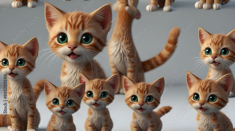 Set of 3D cute happy cartoon Kitten cat isolated on white background.generative.ai Set of 3D cute happy cartoon Kitten cat isolated on white background.generative.ai
